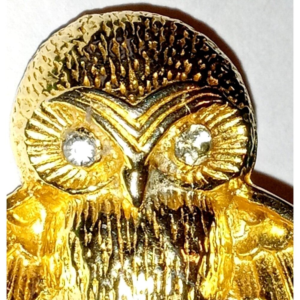 Vintage Owl Brooch Gold Plated Textured Clear Rhinestones Detailed Bird Pin